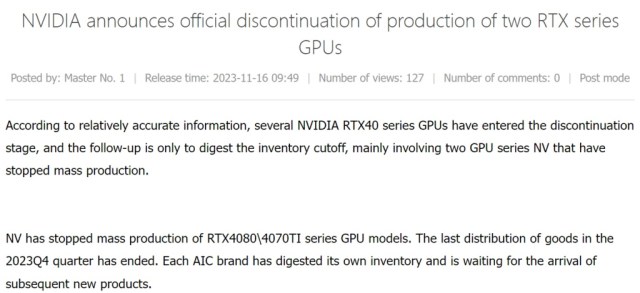 Screenshot from Board Channels stating that Nvidia has allegedly ceased production of two of its graphics cards.