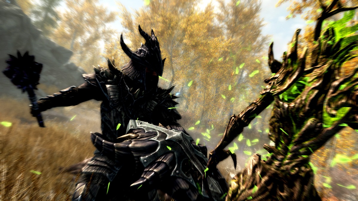 Skyrim: the Dragonborn hitting a Spirggan with a mace.