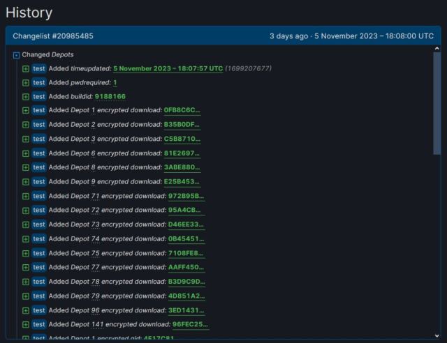 SteamDB screenshot showing a list of new depots being added to Half-Life.