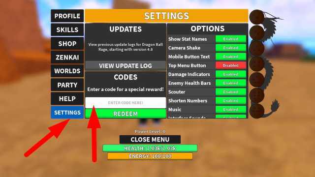 How to redeem codes in Dragon Ball Rage