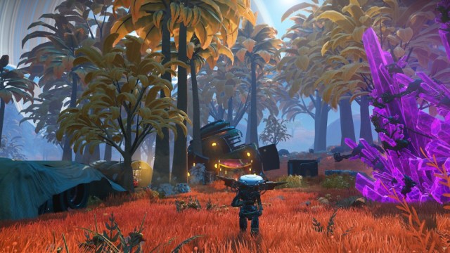 No Man's Sky: a robot on a colorful planet with bright trees.