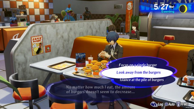 Attempting the big eater challenge at Wilduck Burger in Persona 3 Reload