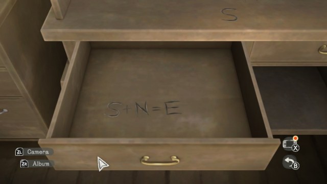 Another Code: Recollection S+N=E carved into a drawer