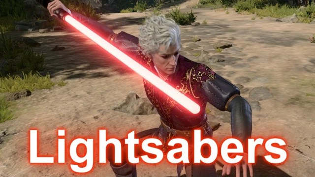 A Baldur's Gate 3 character wields a red lightsaber.