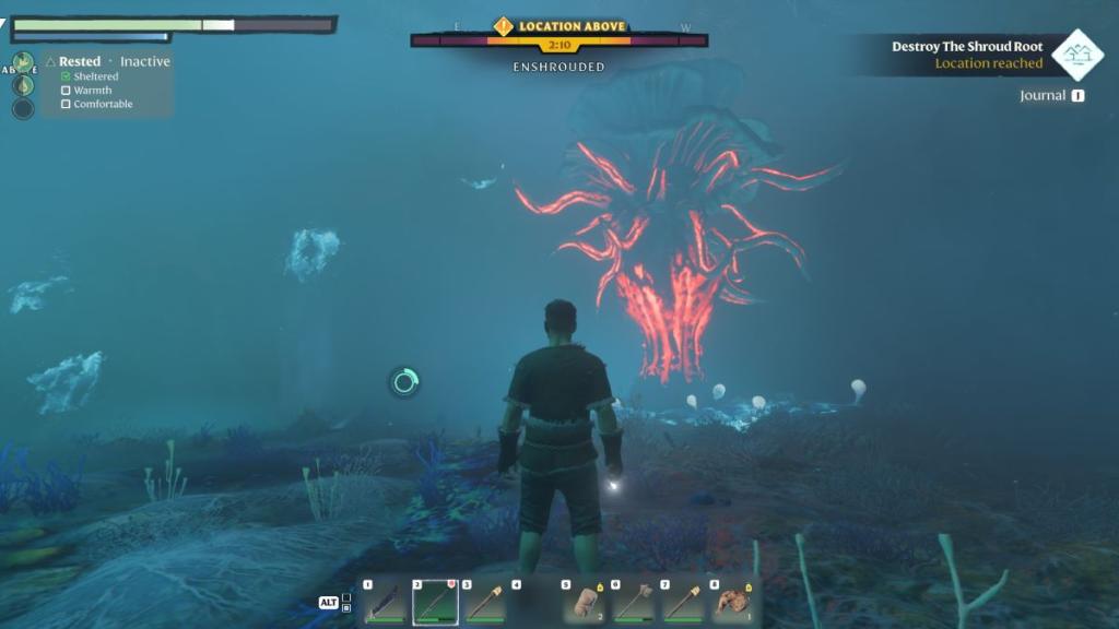 The main character in Enshrouded looking at The Shroud Root.