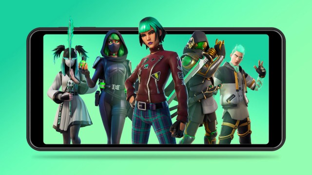 Fortnite characters on phone screen against green background