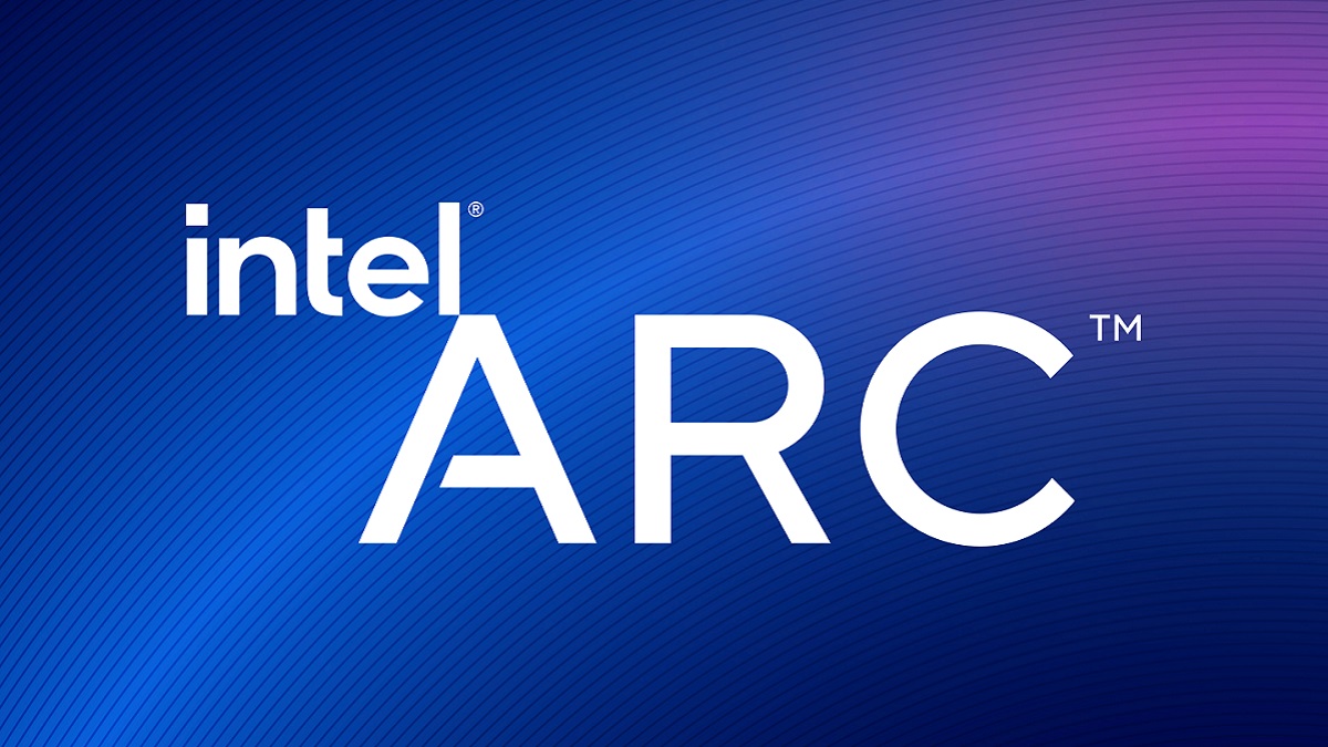 Intel Arc logo on a blue and purple background.