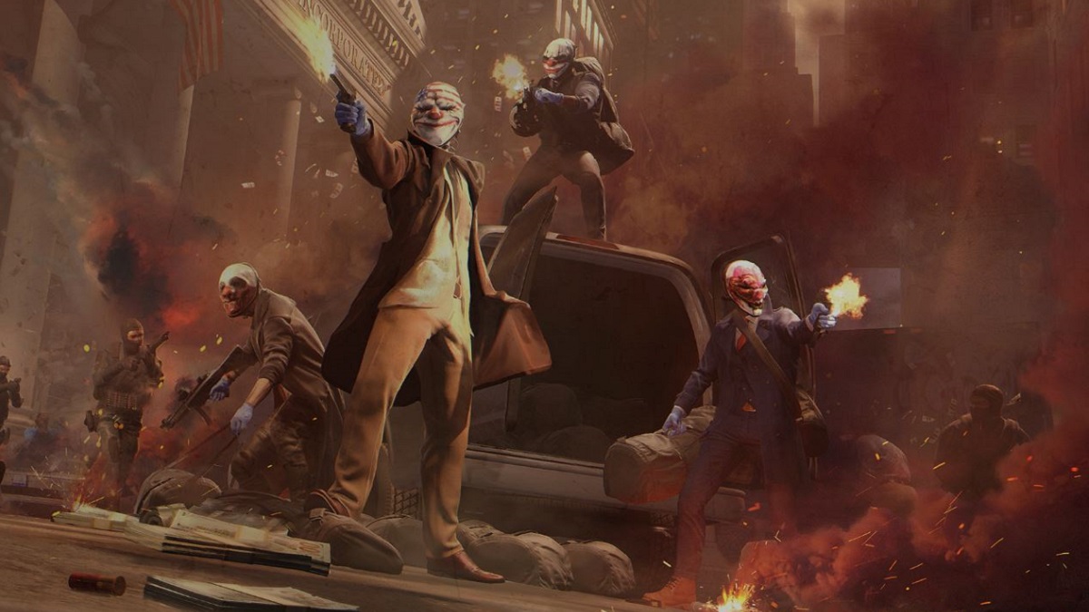 Payday 3: mask-wearing bank robbers stood at the back of a van as they fire guns off-screen.