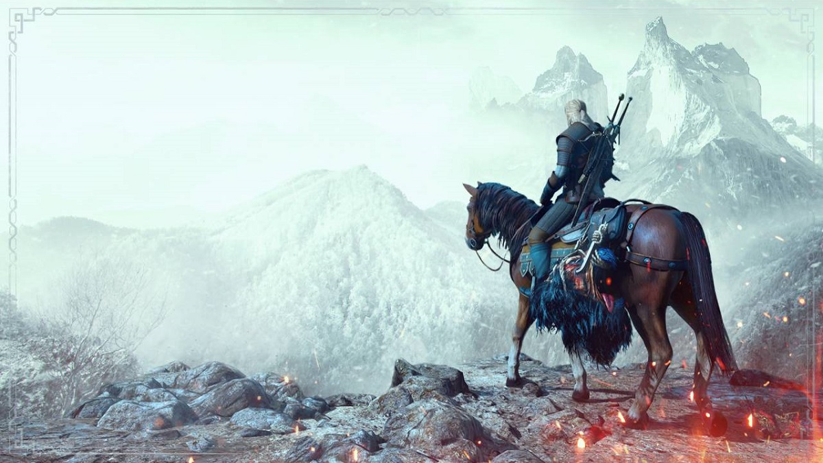 The Witcher 3: Geralt riding a horse as he looks out into a foggy valley.