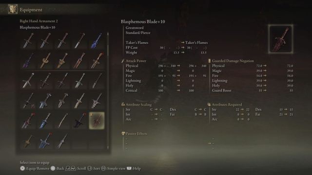 Elden Ring Blasphemous Blade stats