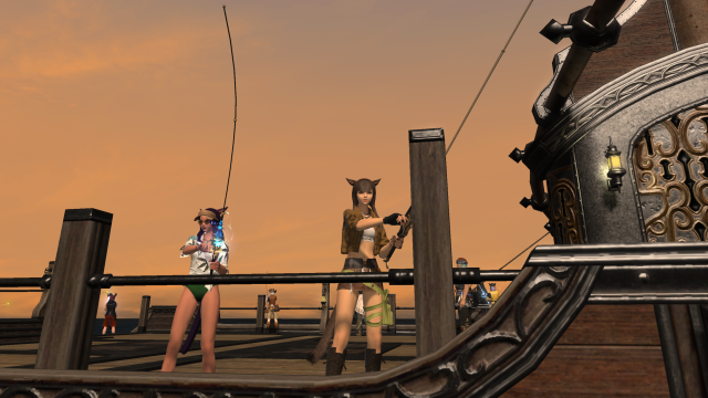 Two miqote on an Ocean Fishing voyage in FFXIV