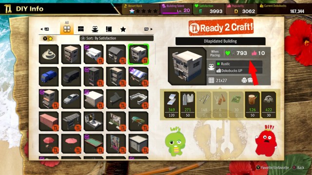 how to get one-star rating on Dondoko Island infinite wealth DIY menu