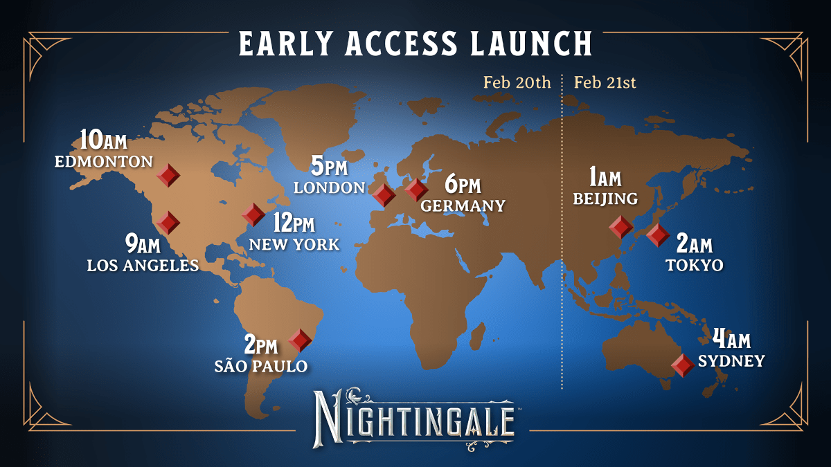 The Nightingale Early Access Launch timezone infograph from developer Inflexion