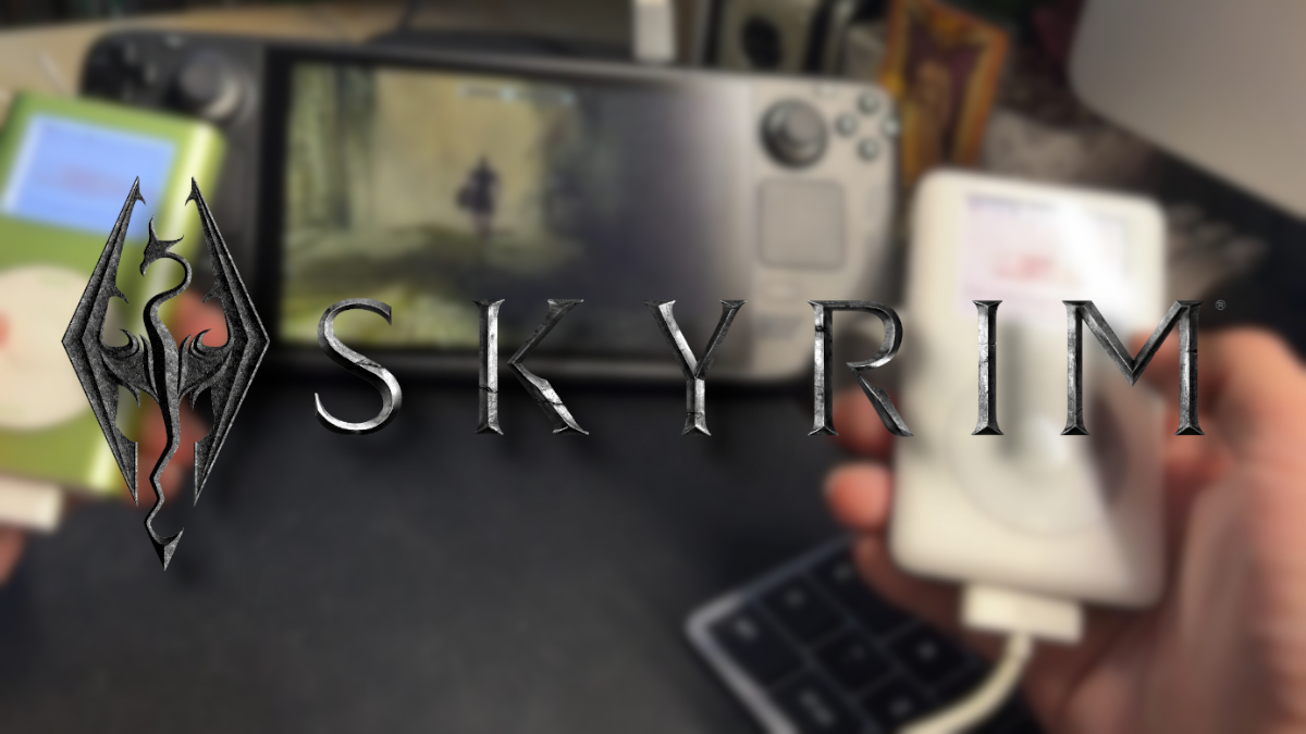 Skyrim logo with a Steam deck showing the game and two iPods being used as controllers.