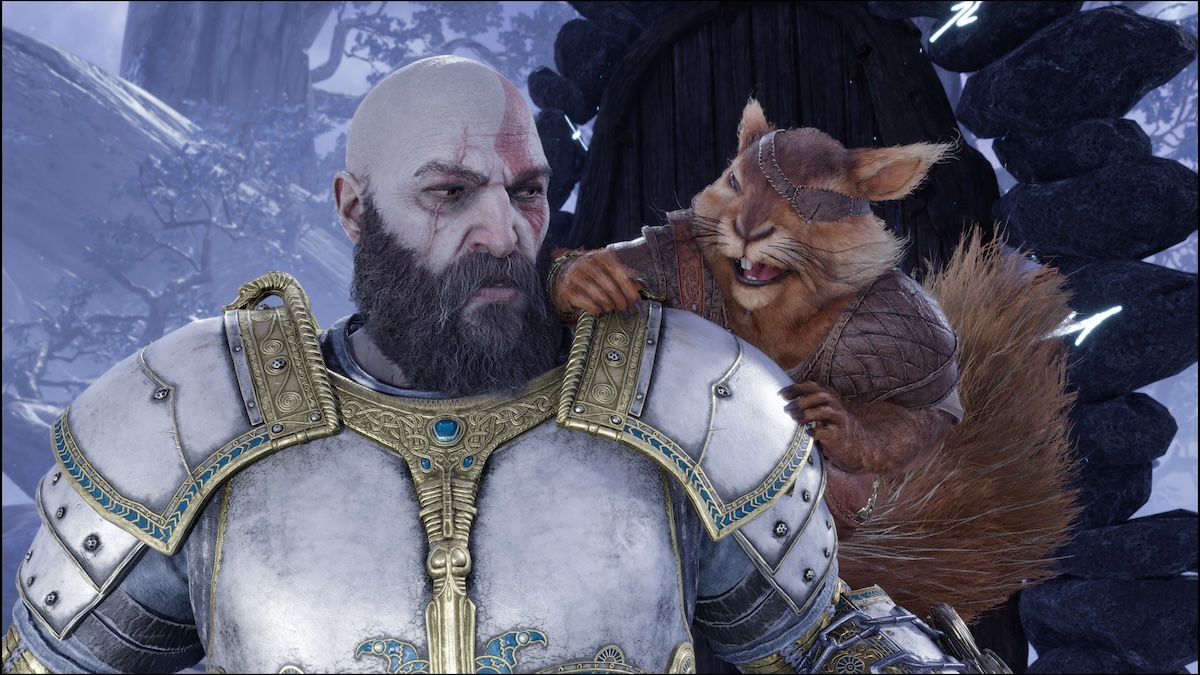 Squirrel and Kratos in God of War: Ragnarok.