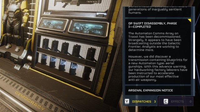 Helldivers 2 UI with in-game text describing "aerial gunships"