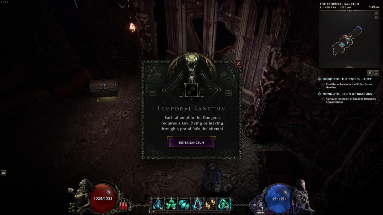 Temporal Sanctum dungeon leads to Eternity Cache in Last Epoch