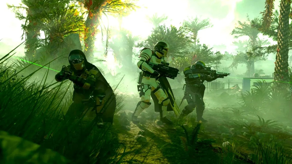 Three Helldivers players combing the woods for enemies