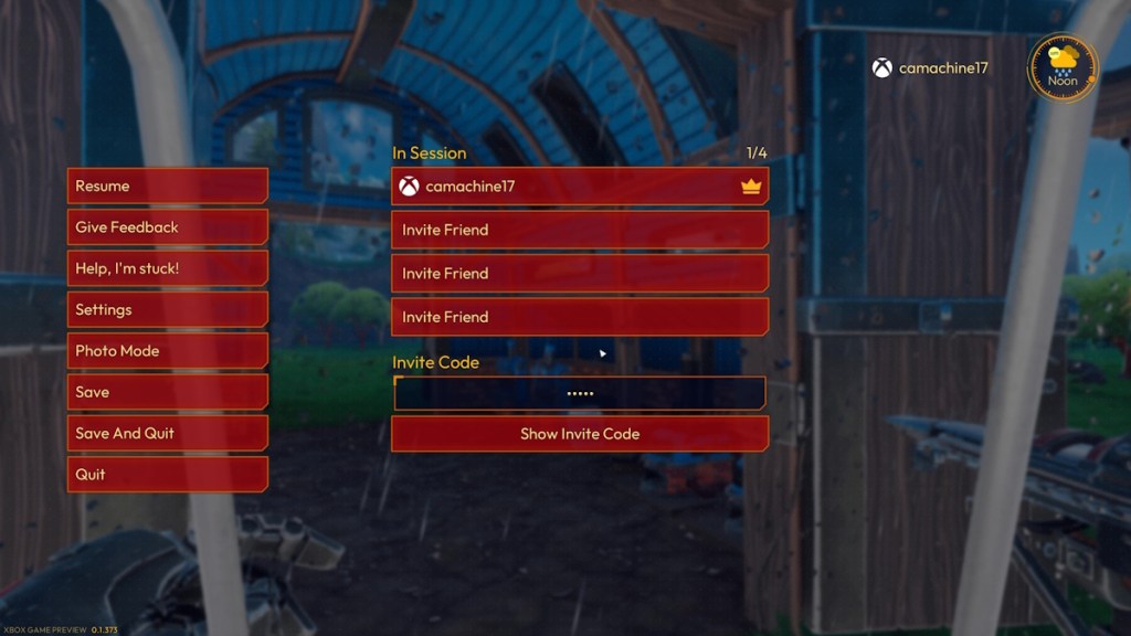 The Lightyear Frontier In session screen for friends in multiplayer, plus the invite code menu