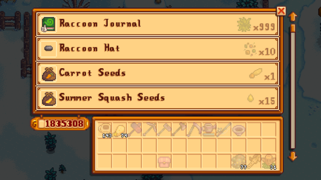 Items available in Mrs Raccoon's store in Stardew Valley