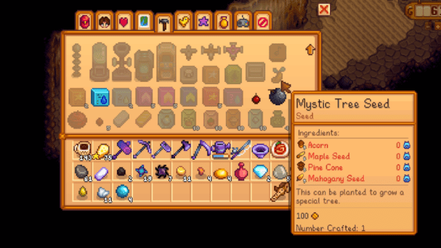 Mystic Tree Seed in crafting menu in Stardew Valley