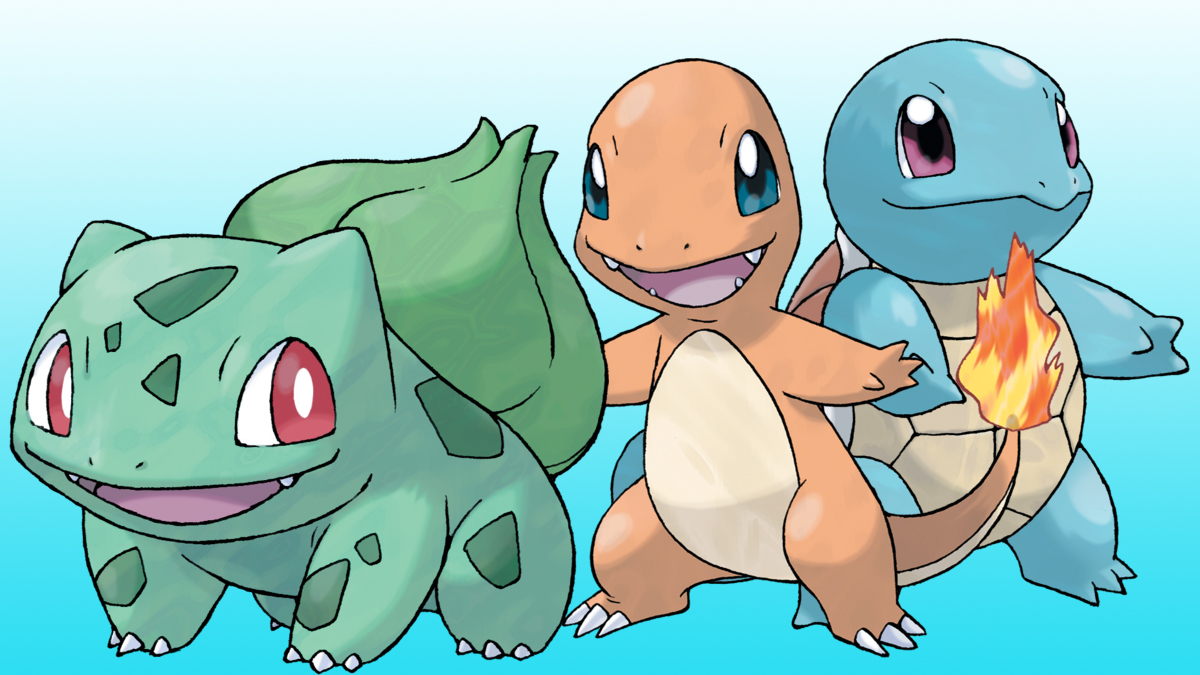 Bulbasaur, Charmander, and Squirtle - the Gen 1 Starter Pokemon from Red, Blue, and Yellow