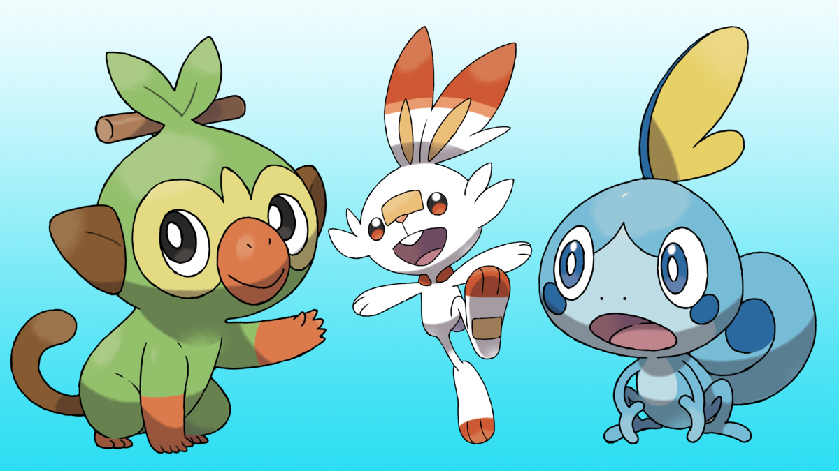 The three Pokemon Sword and Shield starters with a grass, fire, and water type - those are Grookey, Scorbunny, and Sobble, respectively