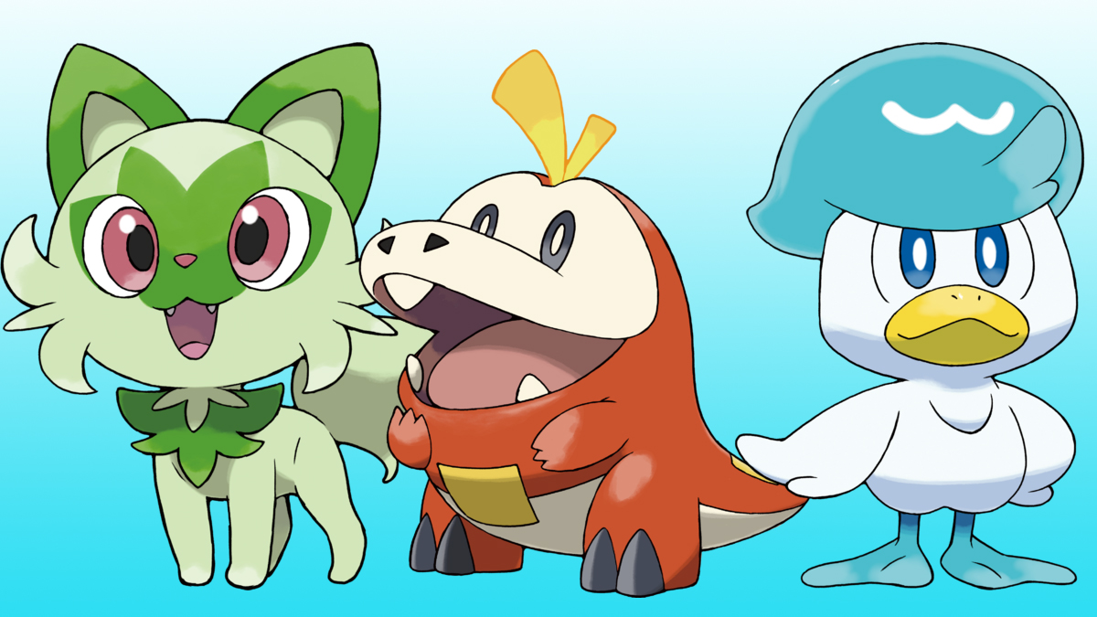 The adorable grass kitten, Sprigatito, the fire-type dino Fuecoco, and the water-type duck Pokemon, Quaxly. 