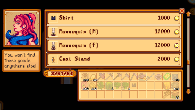 Sandy's wares in Stardew Valley