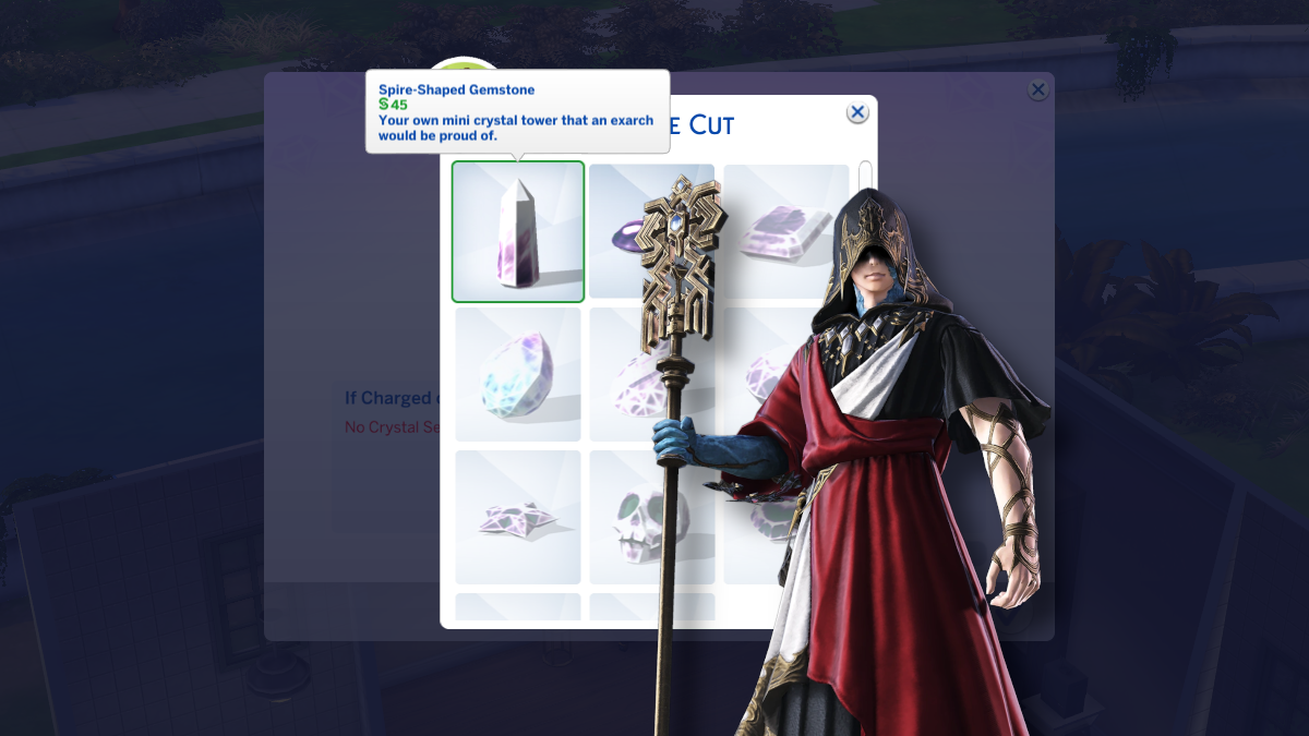 The Crystal Exarch overlayed on the Spire Shaped Crystal in Sims 4