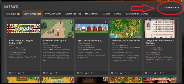 Stardew Valley: a screenshot from Nexus Mods showing where to access the