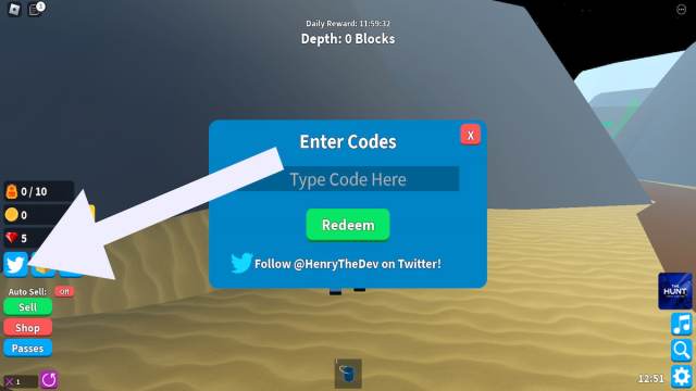 How to redeem codes in Treasure Hunt Simulator.