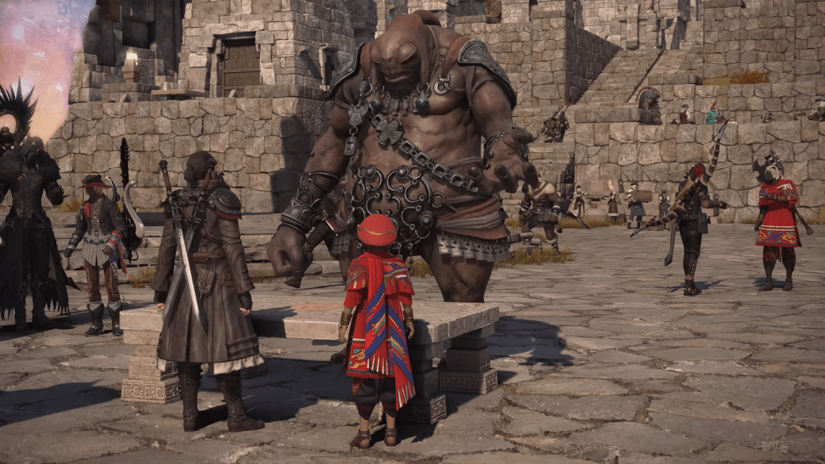 WoL and a Pelupelu talk to a Mamool Ja in the Final Fantasy XIV: Dawntrail benchmark trailer