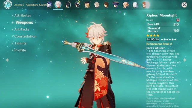 Kazuha in Genshin Impact holding the Xiphos Moonlight sword