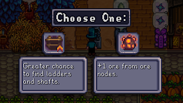 Choice between two perks from the Statue of the Dwarf King in Stardew Valley