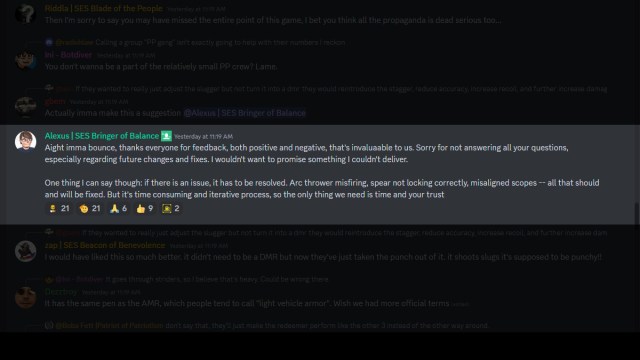 Helldivers 2 Arc Thrower misfiring scopes misaligned designer discussing the issues in discord