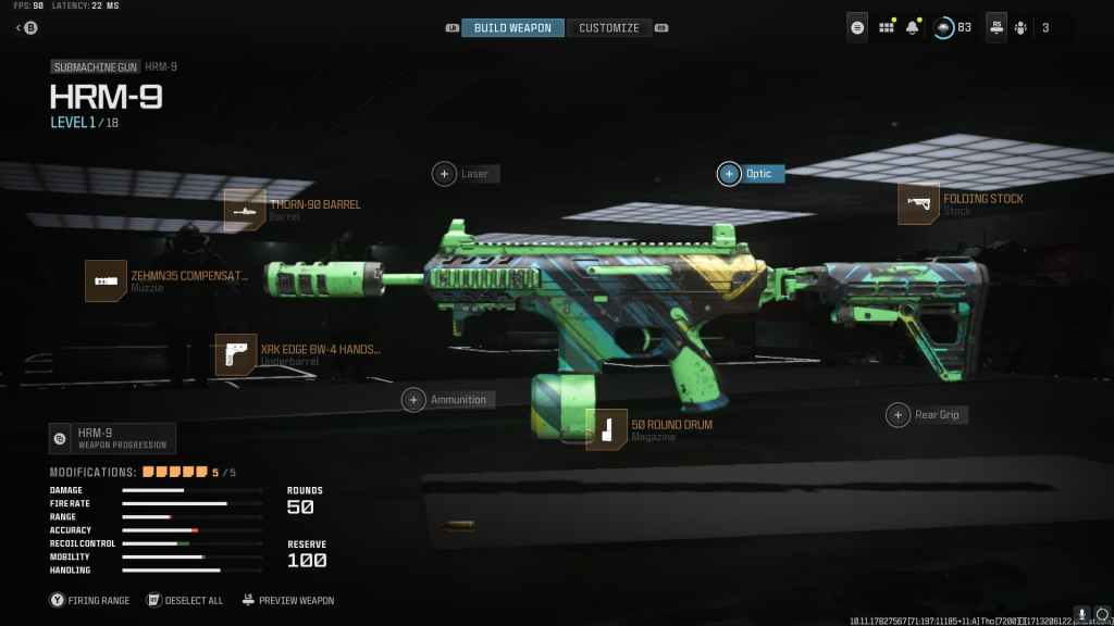 The HRM-9 SMG in Warzone's loadout screen. 