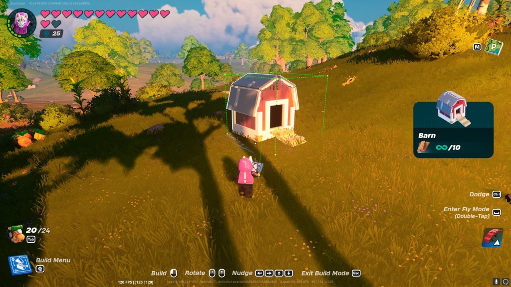 A LEGO Fortnite character placing down a Barn.