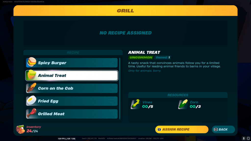 LEGO Fortnite's Animal Treat recipe showing the need for 5 Vines and 3 Corn.