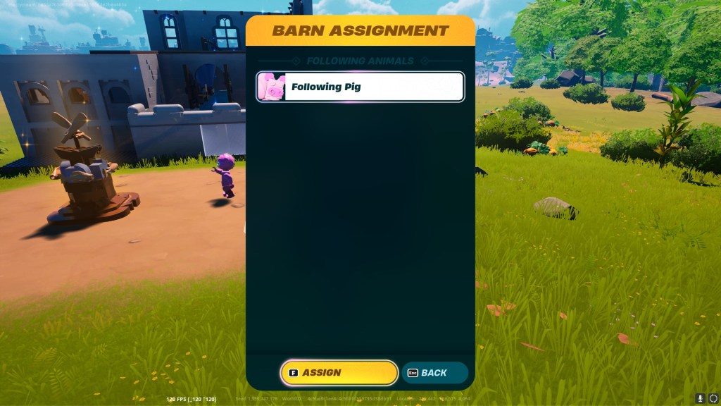LEGO Fortnite's Assign animal screen, with a pig about to be assigned.