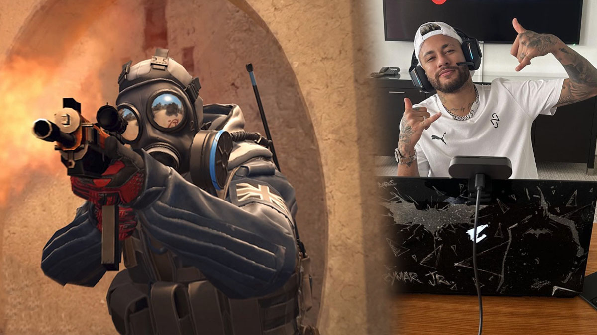 A CS2 player firing a gun, with Neymar sitting behind a laptop with headphones on.