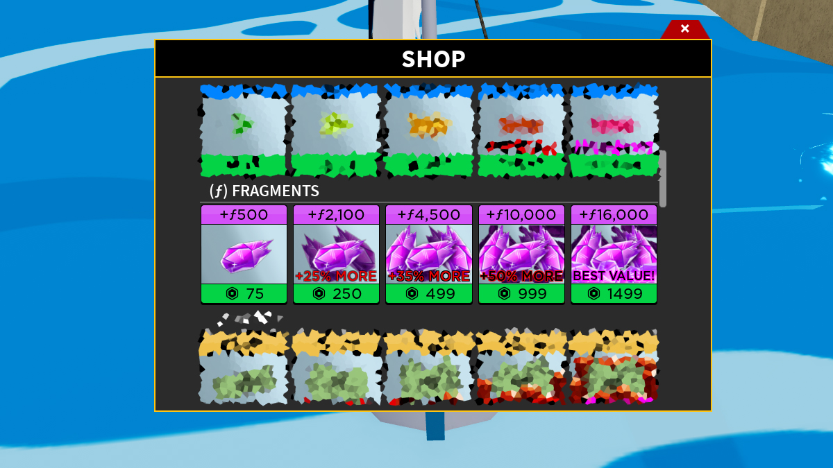 The Blox Fruit shop window, with several rows of items available for Fragments