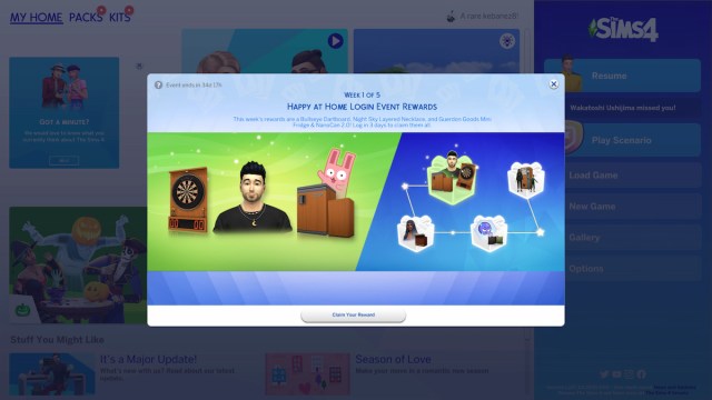 Claiming rewards in The Sims 4 The Happy at Home Login event