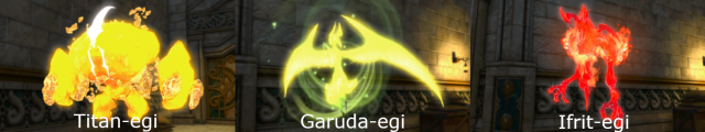 Titan-egi, Garuda-egi and Ifrit-egi in Final Fantasy XIV