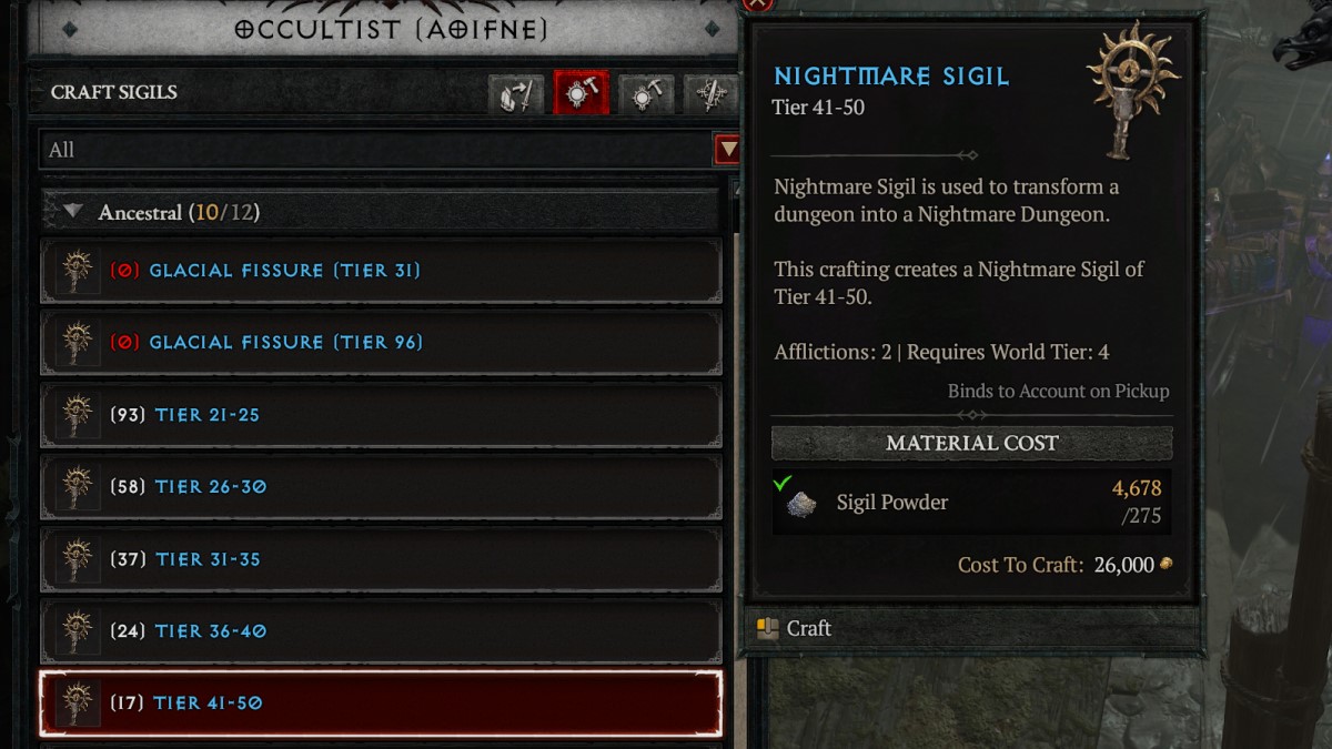 The Diablo 4 Nightmare Sigil menu