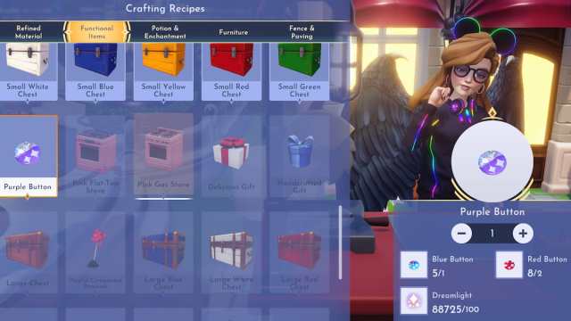 Disney Dreamlight Valley purple button crafting menu