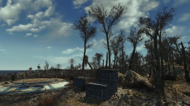 Fallout 4: the top of Sanctuary Hills showing the outside entrance to Vault 111.
