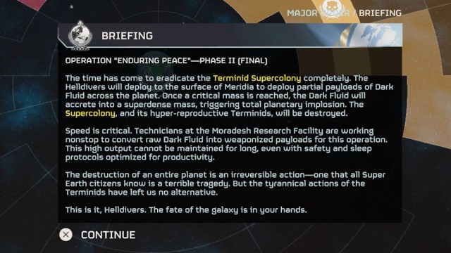 Helldivers 2 players charged with destroying planet meridia - briefing