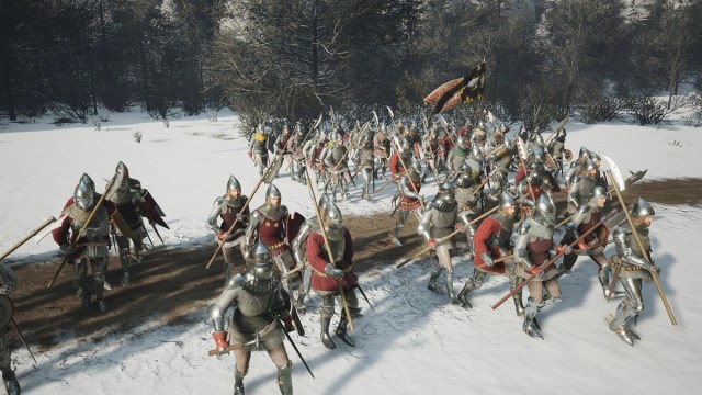 Manor Lords army of soldiers marching through snow