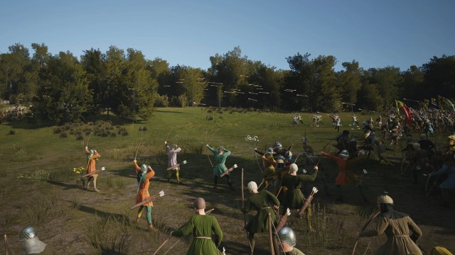 Manor Lords soldiers firing arrows over field